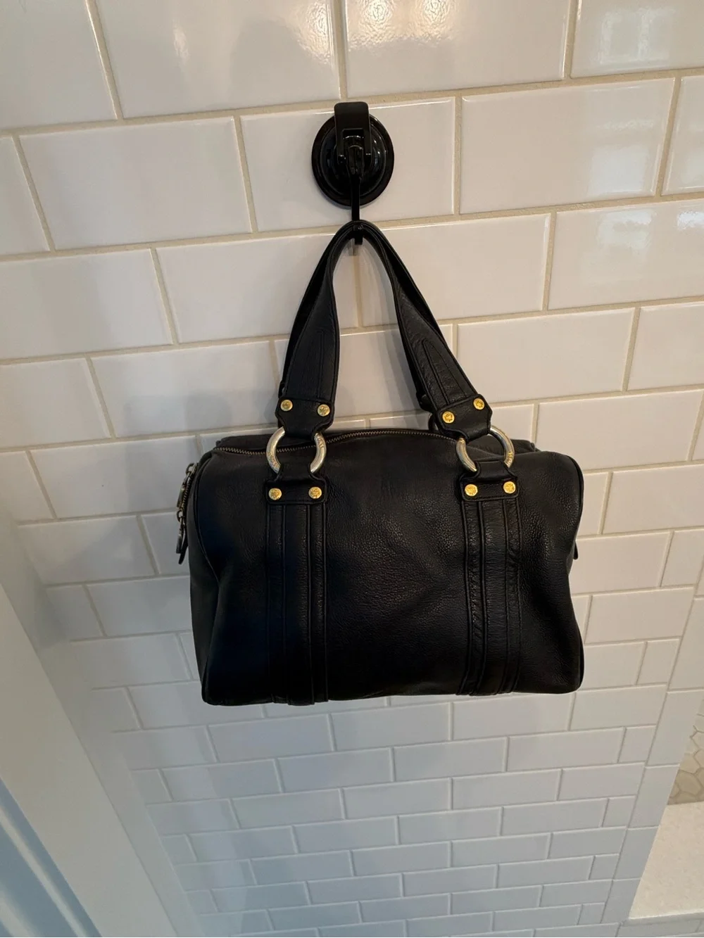 MCM Black Leather Satchel with Gold Plaque and Hardware - Picture 7 of 7
